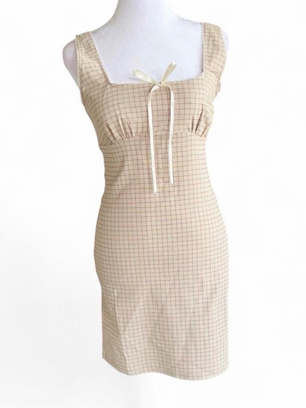 Altar'd State Cream Plaid Mini Dress with Ribbon Tie